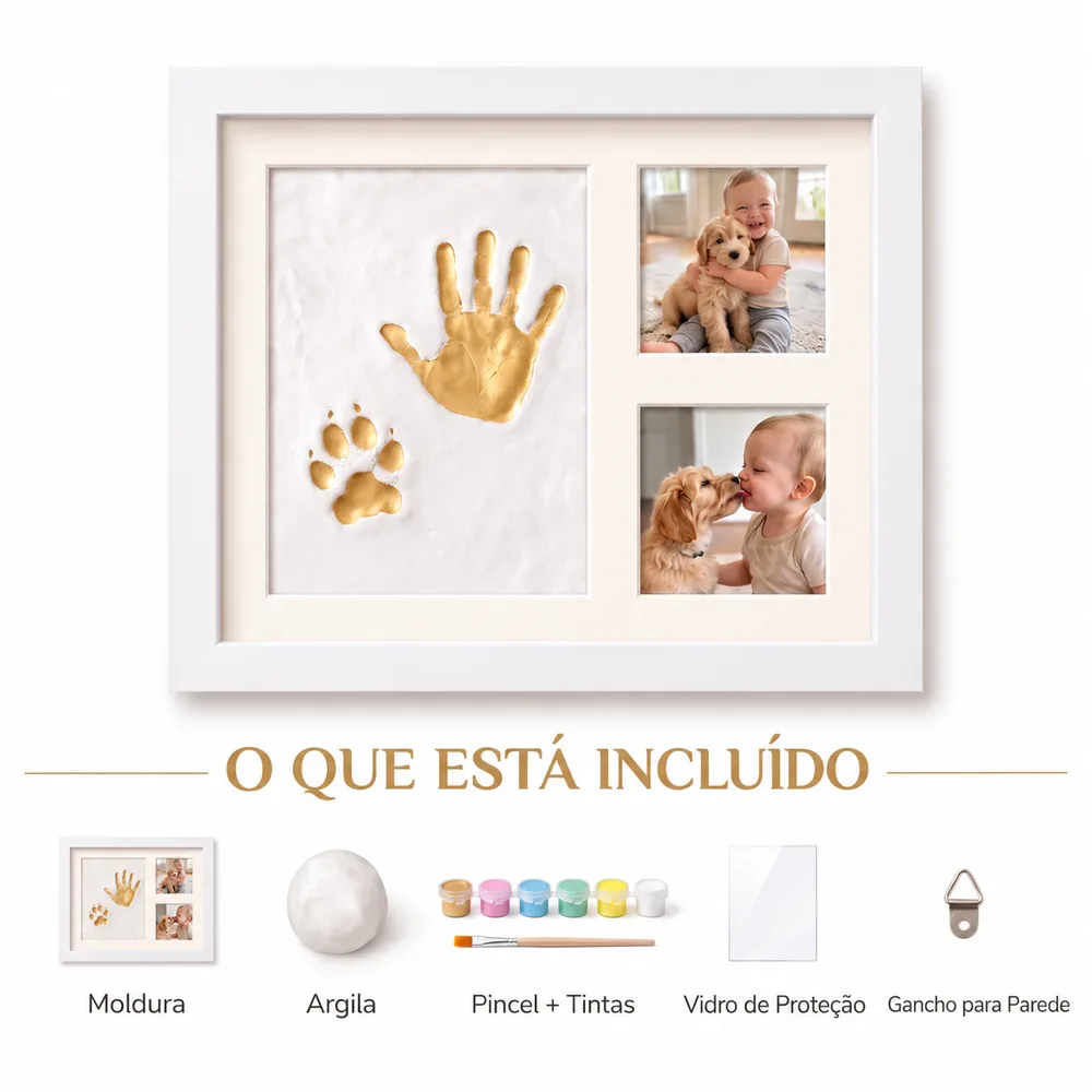 Quadro branco com a mãozinha, a patinha, duas fotos e tudo o que vem no kit